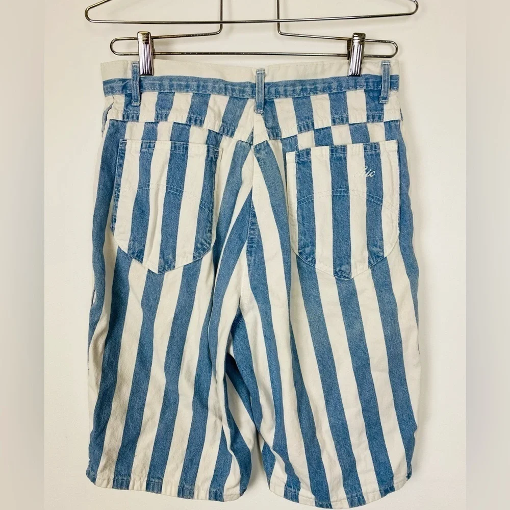 Vintage Chic High Waisted Mom Shorts, 1990s Striped Denim Shorts, Modest Shorts